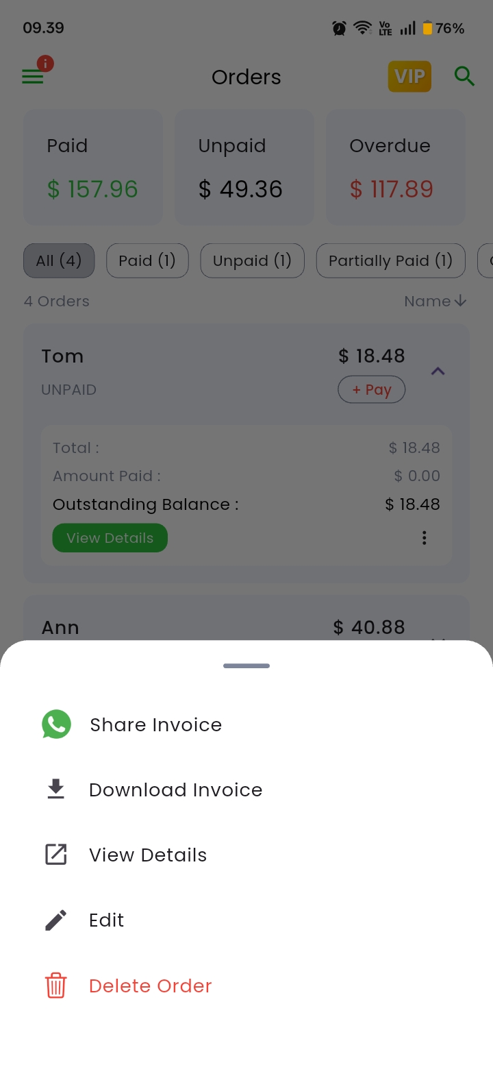 Invoice Share Menu