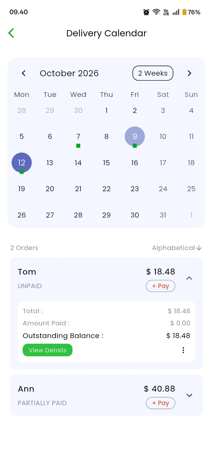 Delivery Calendar View